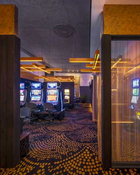 View back towards the gaming room at The Arthouse Hotel, design by Paul Kelly Design