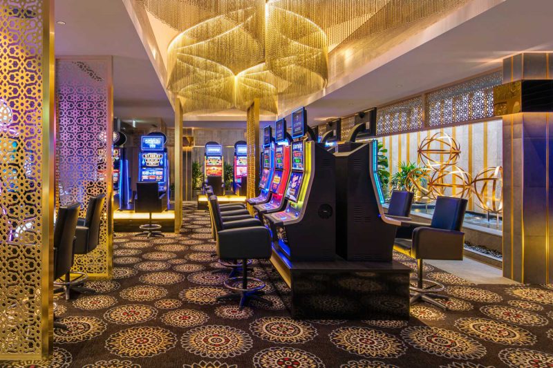 Wide shot of the award winning Gregory Hills Hotel gaming room, design by Paul Kelly Design