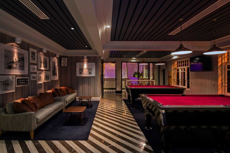 Red felt pool tables at The Ivanhoe Hotel by Paul Kelly Design