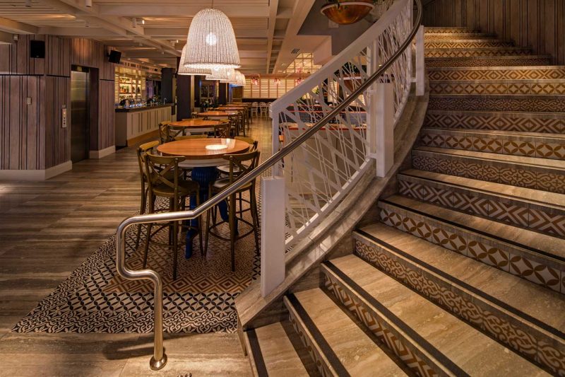 Detailed image of inlaid patterns in the stairs at The Ivanhoe Hotel by Paul Kelly Design