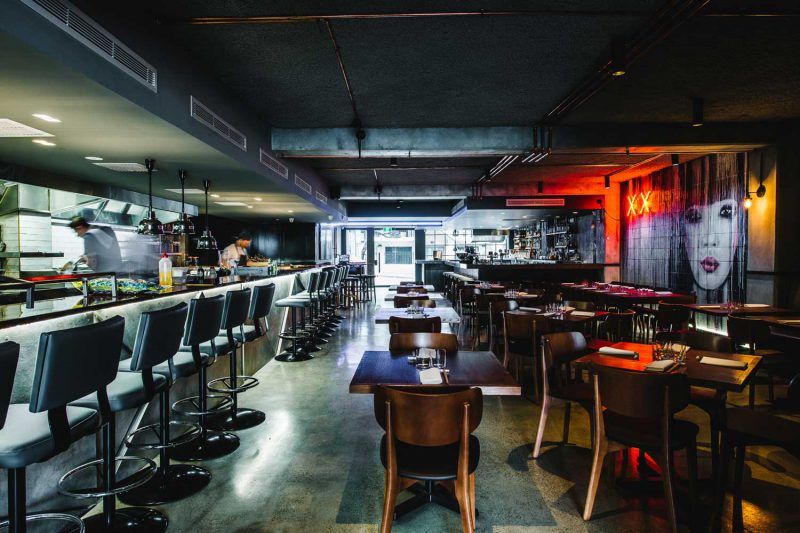 View inside Salaryman, looking from the rear of restaurant back towards the front door. Design by Paul Kelly Design