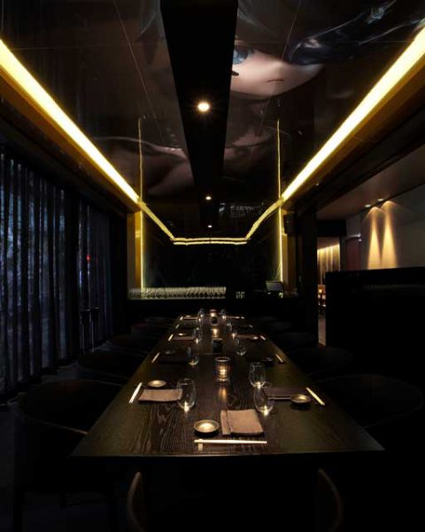 Private dining room at Sokyo with manga ceiling mural, design by Paul Kelly Design